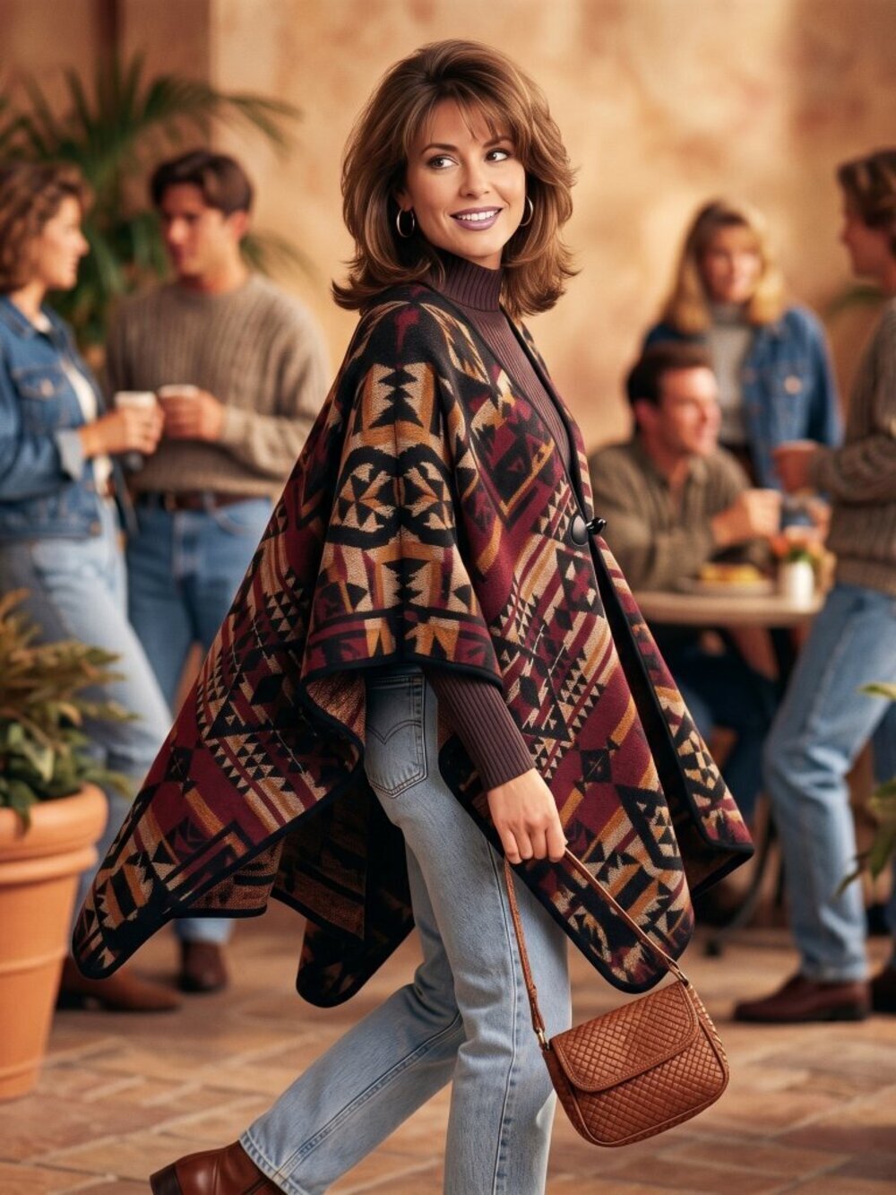 French Laundry Women OS Poncho Burgundy Tan Knit Aztec Wrap Toggle Boho Timeless